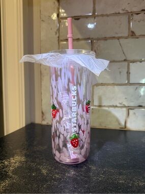 Starbucks Pink Strawberry Glass Tumbler with Straw